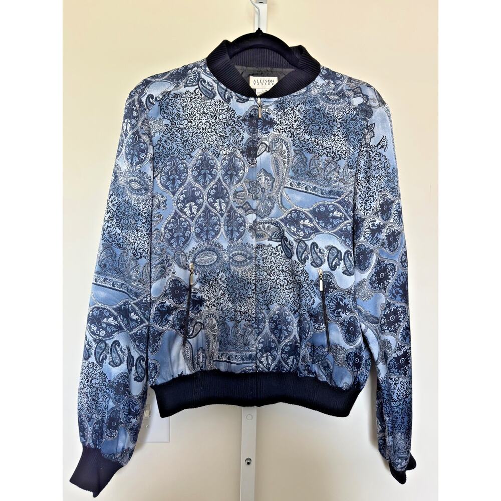 VTG 90s 100% Silk Bomber Jacket Women’s Sz Large Light Blue Allison Taylor